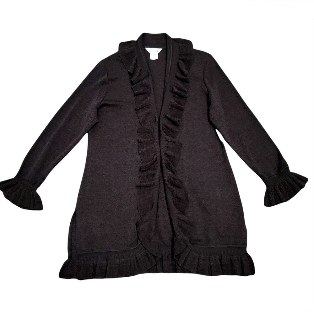 Exclusively Misook Women Knit Long Cardigan Duster M Ruffled Brown Acryl…
